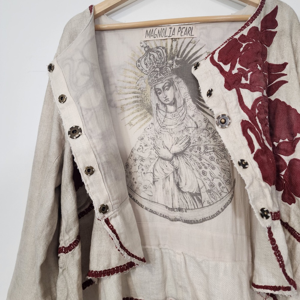 Magnolia Pearl Juno Jacket One Size Linen Appliqué Floral Boho Lagenlook - Picture 8 of 16